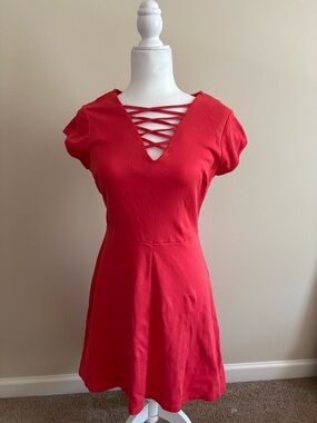New York & Company Coral Crisscross V-Neck Fit & Flare Dress
